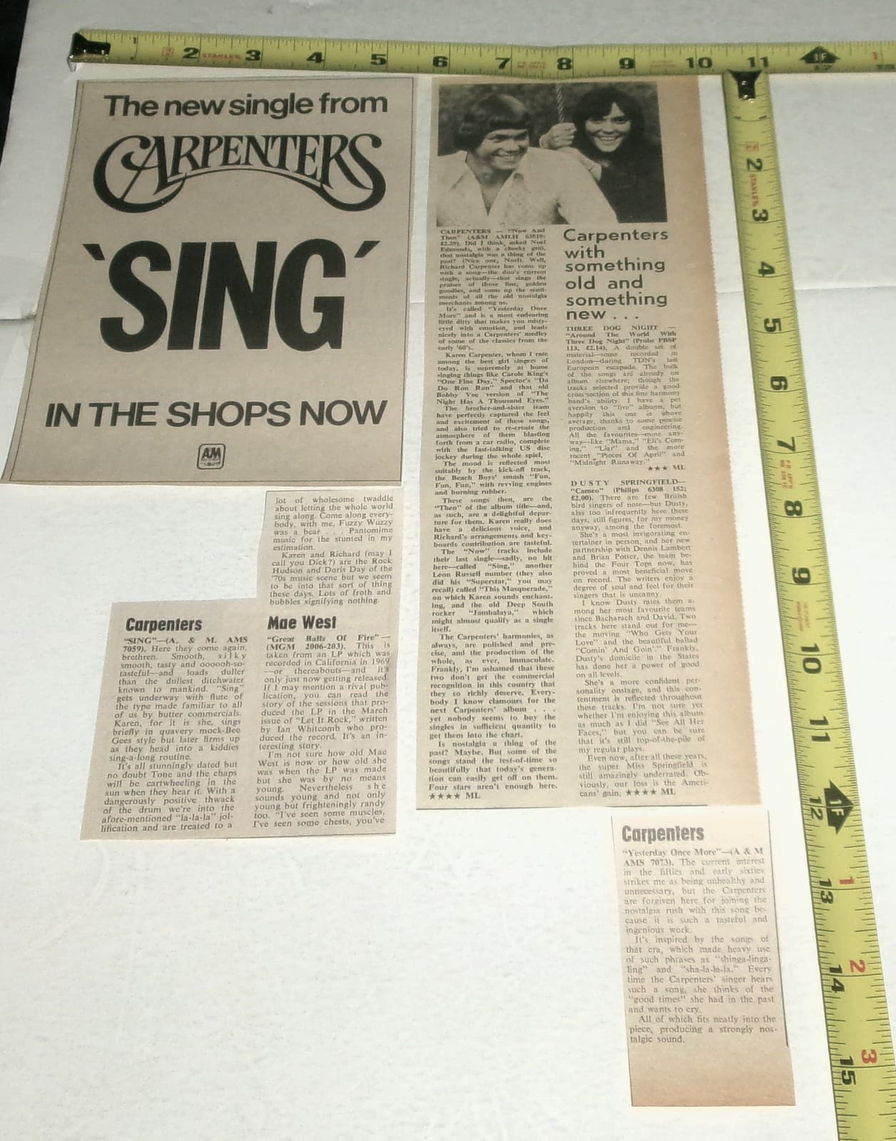 THE CARPENTERS Vintage 4pc Lot Newspaper Clippings Concert AD Advert 1973 Karen