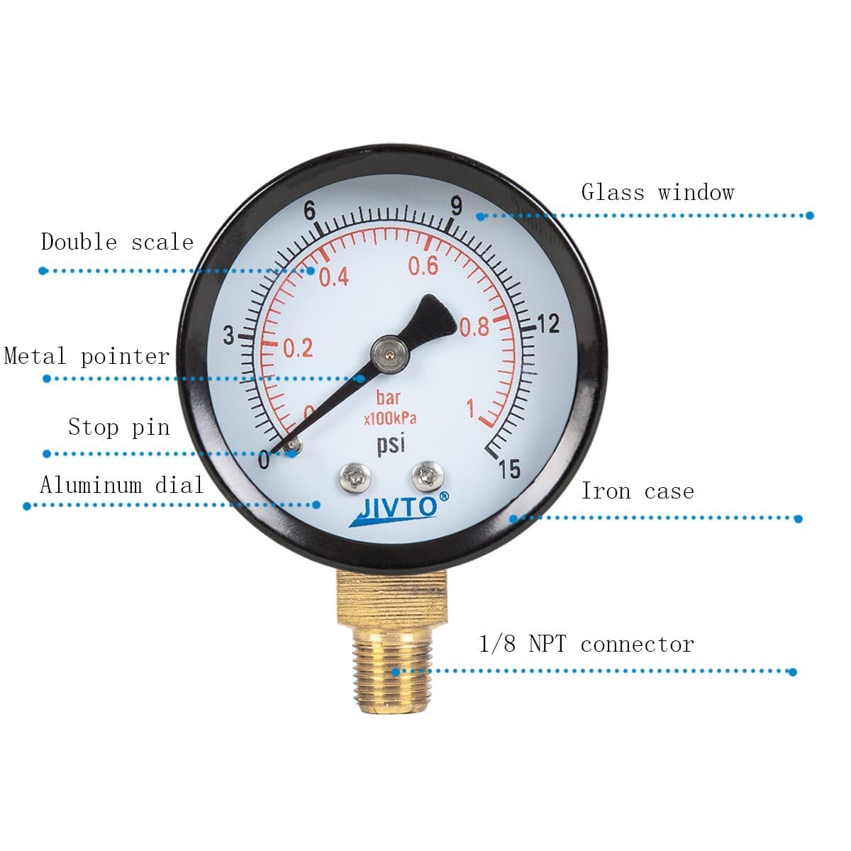 JIVTO dry Pressure Gauge, 2" Dia, 0-30 PSI, 1/8 NPT Lower Mount ( pack of 1) 2