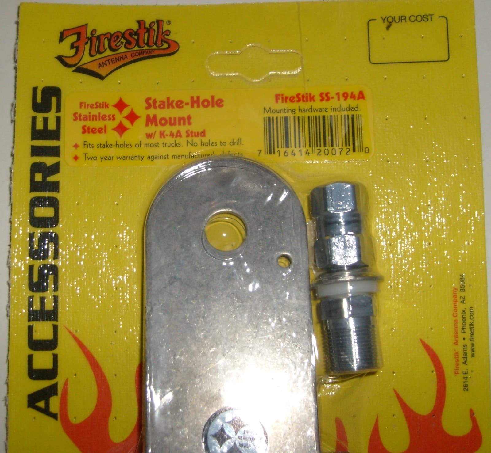 Firestik SS-194A Stake-Hole Truck Mount for CB antenna extended 6" over bed Rail 2