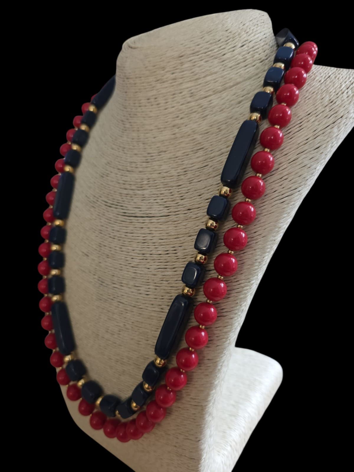 Vintage Crown Trifari & Trifari Red & Navy Beaded Necklaces  2