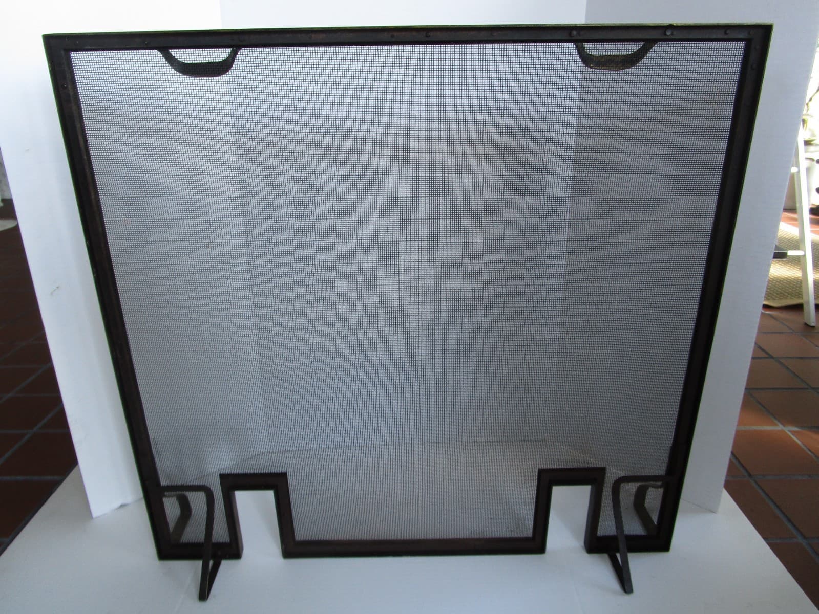 Vintage Art Deco brass frame Fireplace Fire-screen w/andirons slots 31.5" W 1930 4