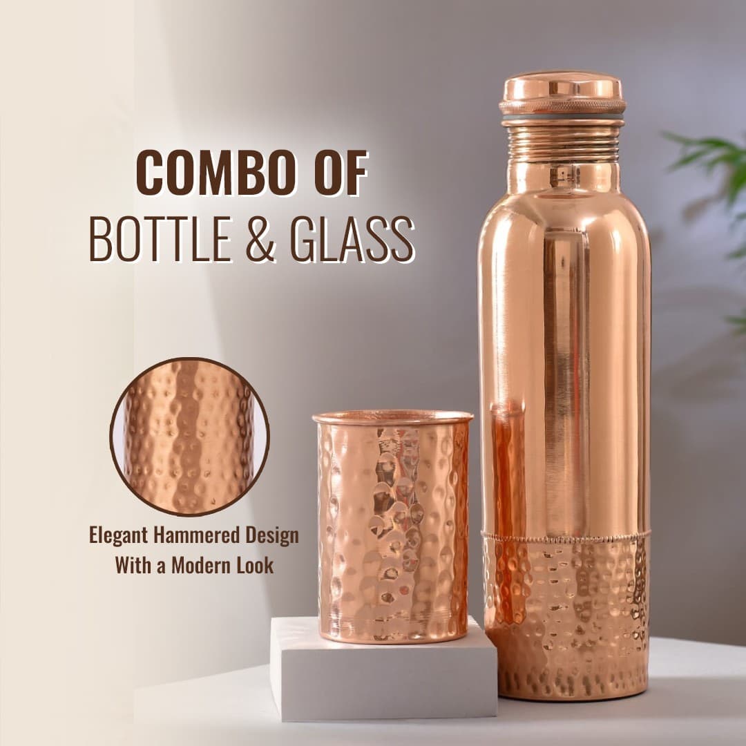 Free Tumbler + Pure Copper Water Bottle 34oz / 1000ml Ayurvedic w/ Sleeve 2