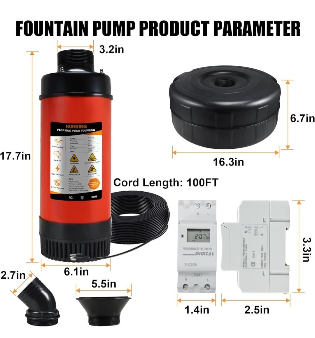 Pond Fountain Aerator 750W 1HP 15000 GPH Floating Aerating Pump 100Ft Power Cord 2