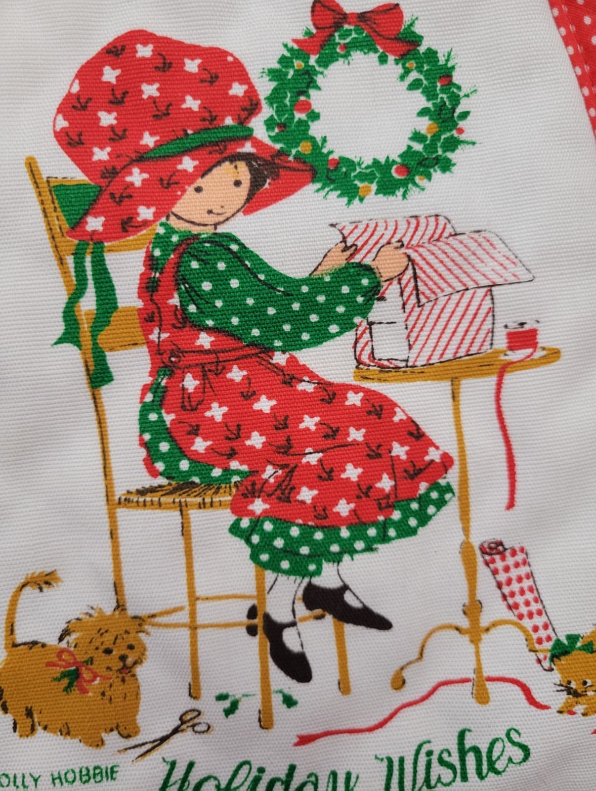 Vintage Holly Hobbie Christmas Potholder/Hotpad w Red & White Polka Dot Trim 3