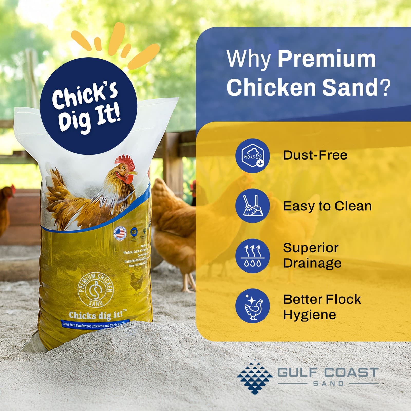 Premium Chicken Sand, Odor Eliminating Bedding for Coops, 50 Lb Bag, 2 Pack 2