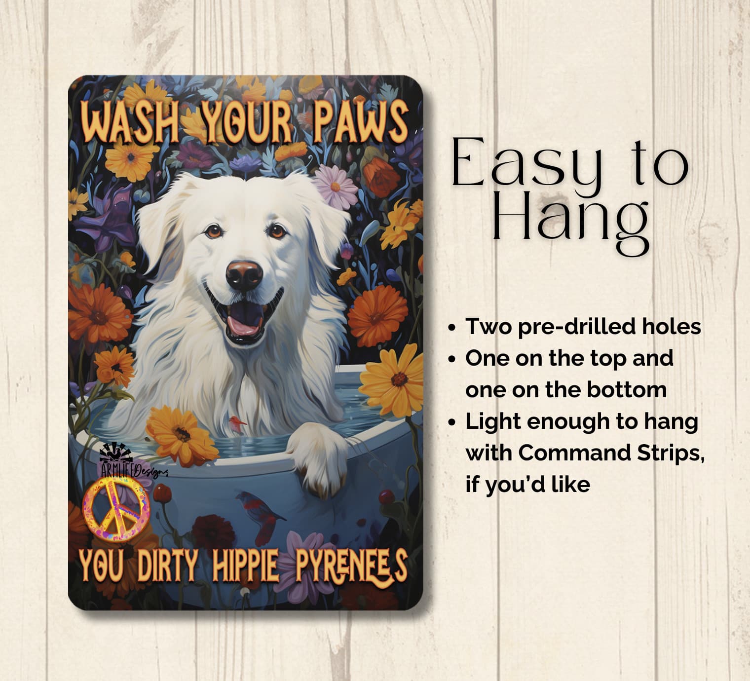 Great Pyrenees Bath Sign Wash Your Paws retro bathroom metal tin dog tub hippie 2