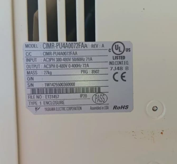 YASKAWA CIMR-PU4A0072FAA REV D, 50Hp  Variable Frequency Drive, 72 Amp 3