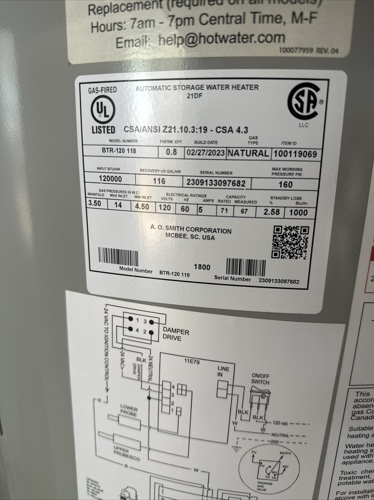 Year 2-27-23 AO SMITH BTR-120 118 120K BTU NATURAL GAS WATER HEATER 71 Gallons 4
