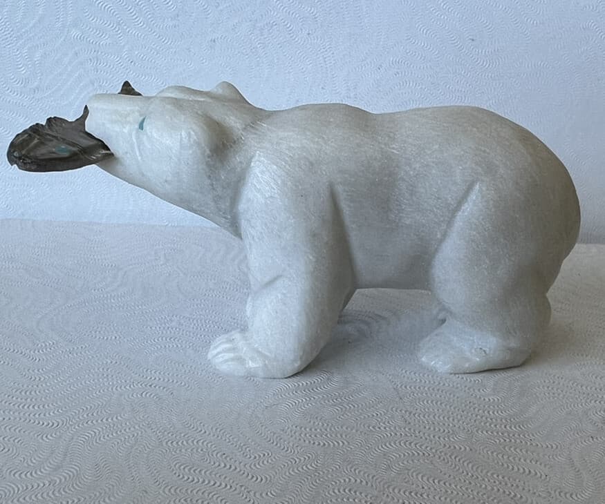 Zuni White bear fetish​ Fish Gift by master carver HERBERT HIM, Sr. 8995