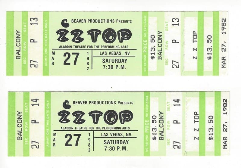 ZZ Top 1982 Concert Tickets (2) Unused Aladdin Theatre Las Vegas El Loco Tour