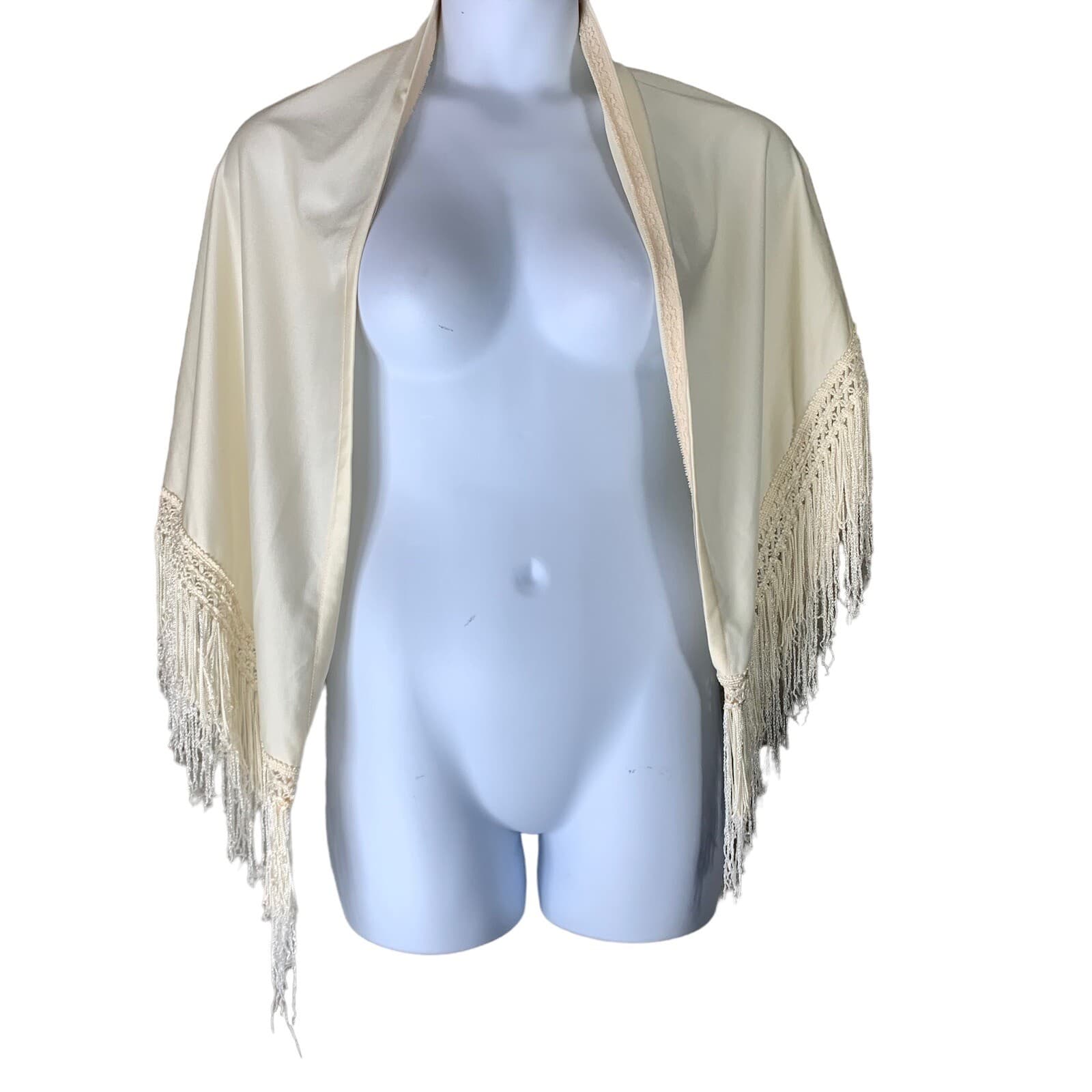 Vintage Shawl Wrap Fringe Ends Ivory Triangle Shape California Things 60x25