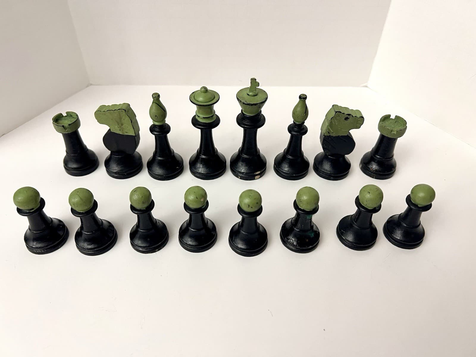 Lot 16 Vintage Wooden Chess Pieces Painted Black Green Wood Craft Art Supplies