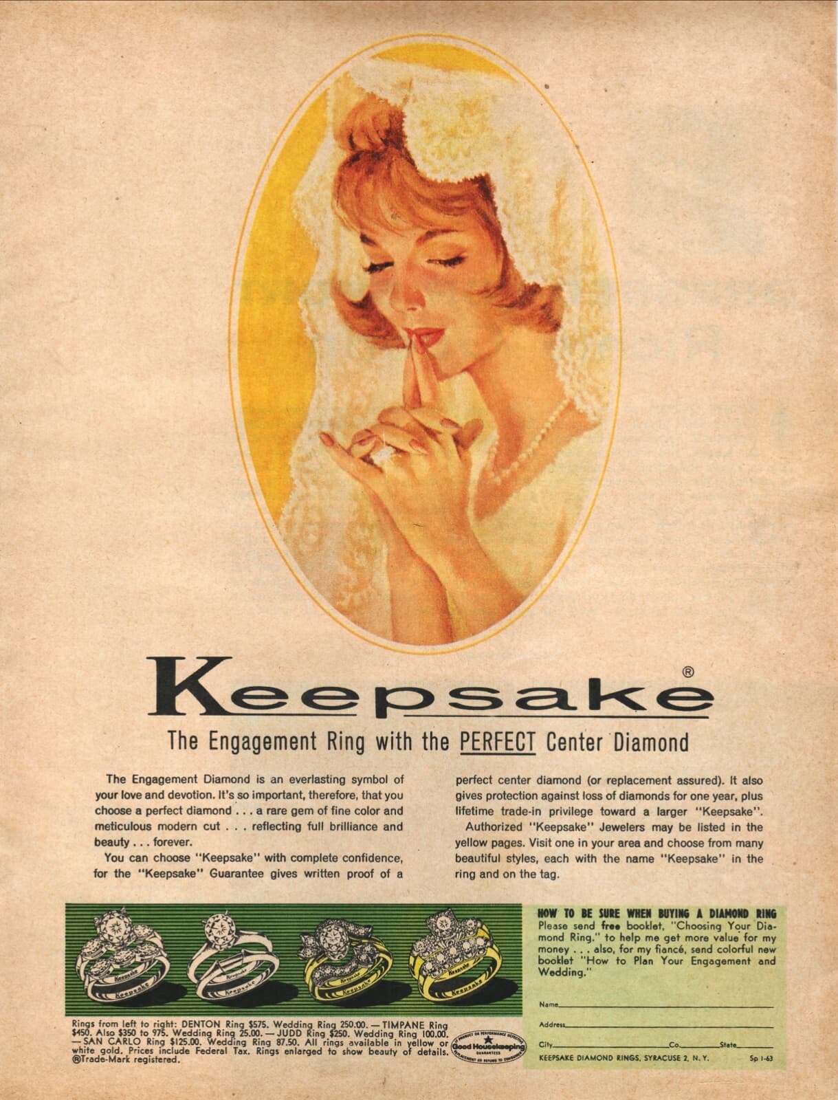 Keepsake Diamond Engagement Rings 1963 Original Vintage Print Ad