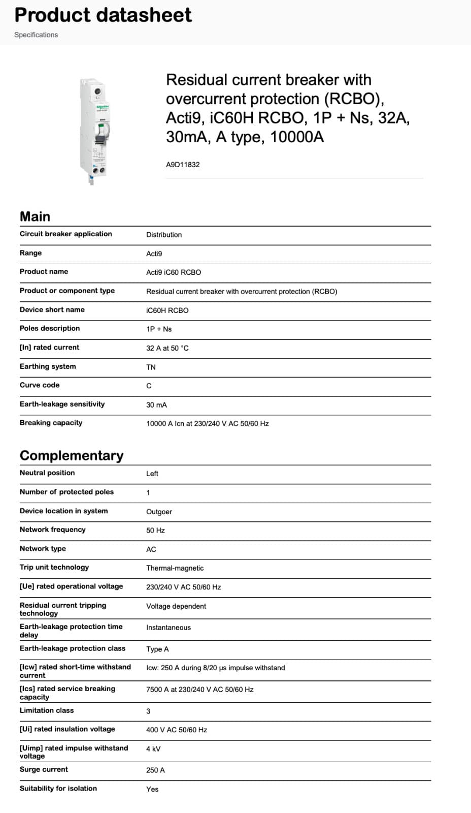 Schneider Electric - RCBO 32A 10kA 1PPNS Acti9 iC60H 30mA 230V / A9D11832 3