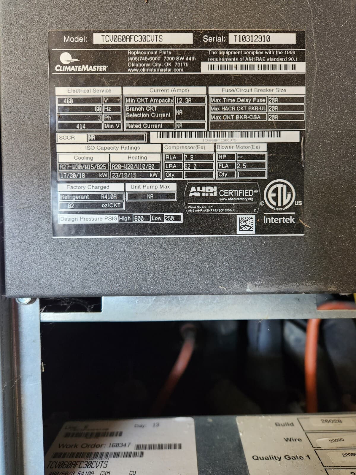 ClimateMaster TCV060AFC30CVTS Tranquility 16 Water Source Heat Pump 460V - 3PH 4