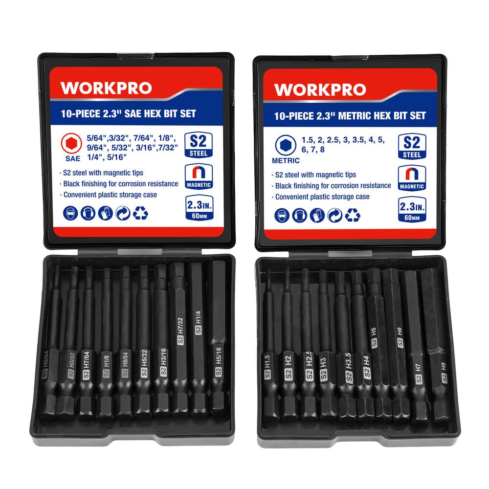 WORKPRO 20PC Magnetic Hex Head Allen Wrench Drill Bit Set Metric SAE Hex Bit Set