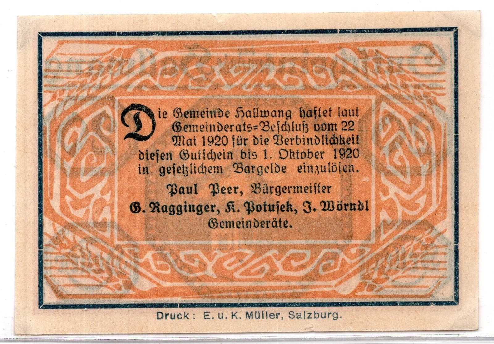 1920 Austria Hallwang Notgeld 20 Heller Note (2582) 2