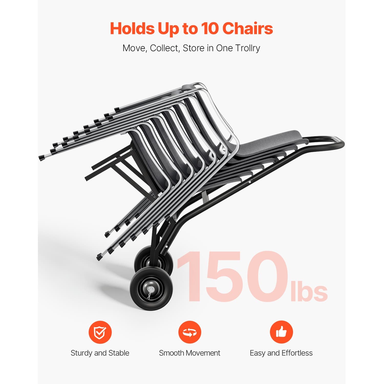 Folding Chair Rack Cart for 10 Chairs of 150 LBS Push-Style Chair Dolly 2