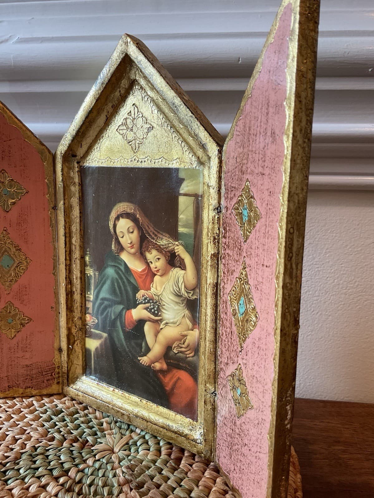 Jesus And Mary Florentine Style Triptych “Our Lady Of The Grapes” Vintage 2
