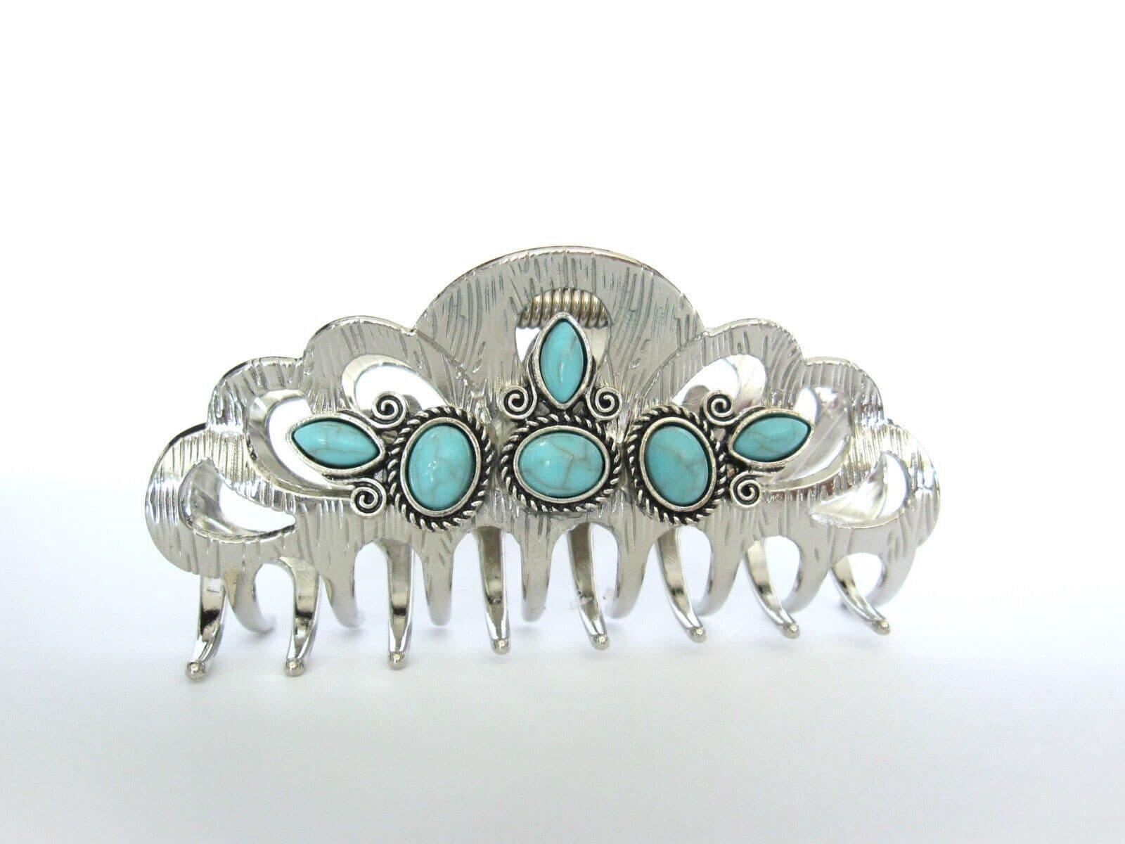Hair claw clip turquoise blue stone textured silver metal western for thin hair 3