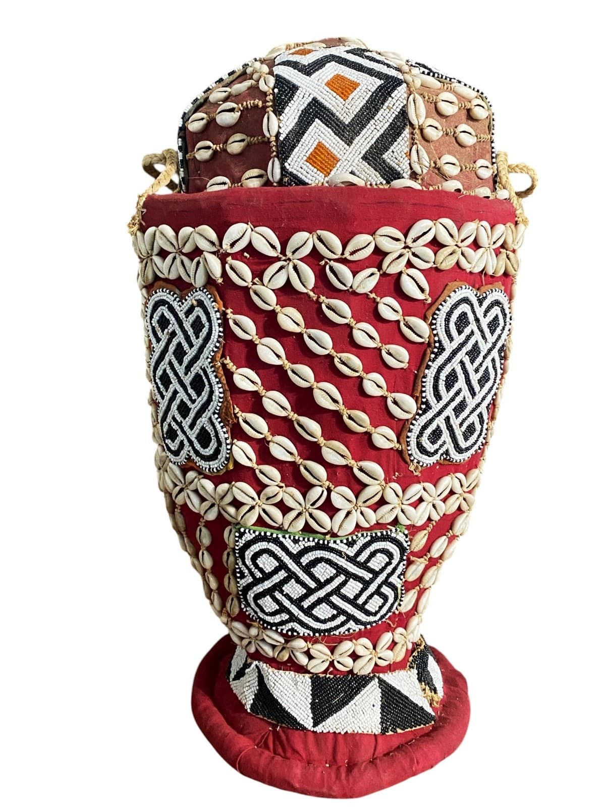 #1122 Vintage Large Kuba Royal Beaded Basket Congo 22" H