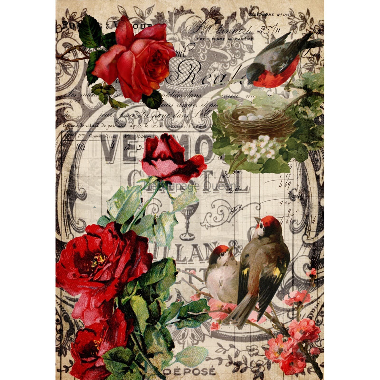 A4 Paper Decoupage RED ROSES AND BIRDS Floral Decoupage Queen Same Day Shipping 2