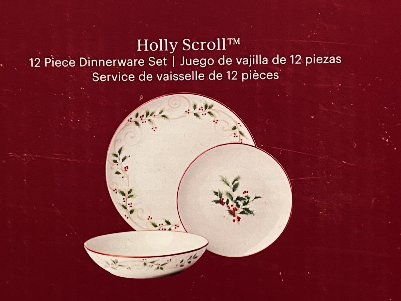 Lenox 12 piece Holiday Dinnerware Set Holly Scroll Berry Red Trim Free Shipping