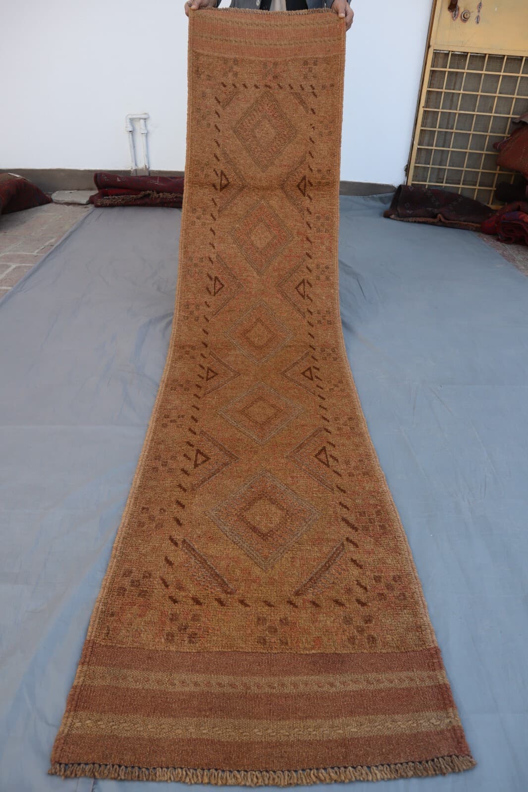 1x8 Warm Earth-Tone Afghan Wool Runner – Tribal Geometric Design with Diamond. 3