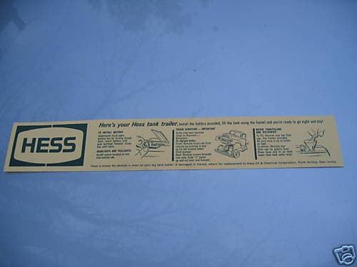 Hess 1964 TANKER BATTERY INSTRUCTION CARD PERFECT CONDITION