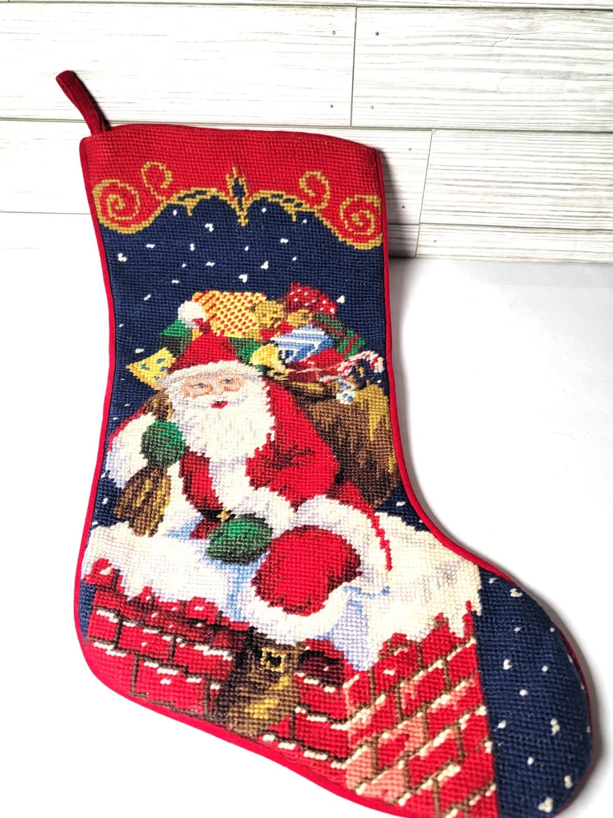 Christmas Stocking Needlepoint Santa Claus Completed 18" Multicolor Unbranded 5