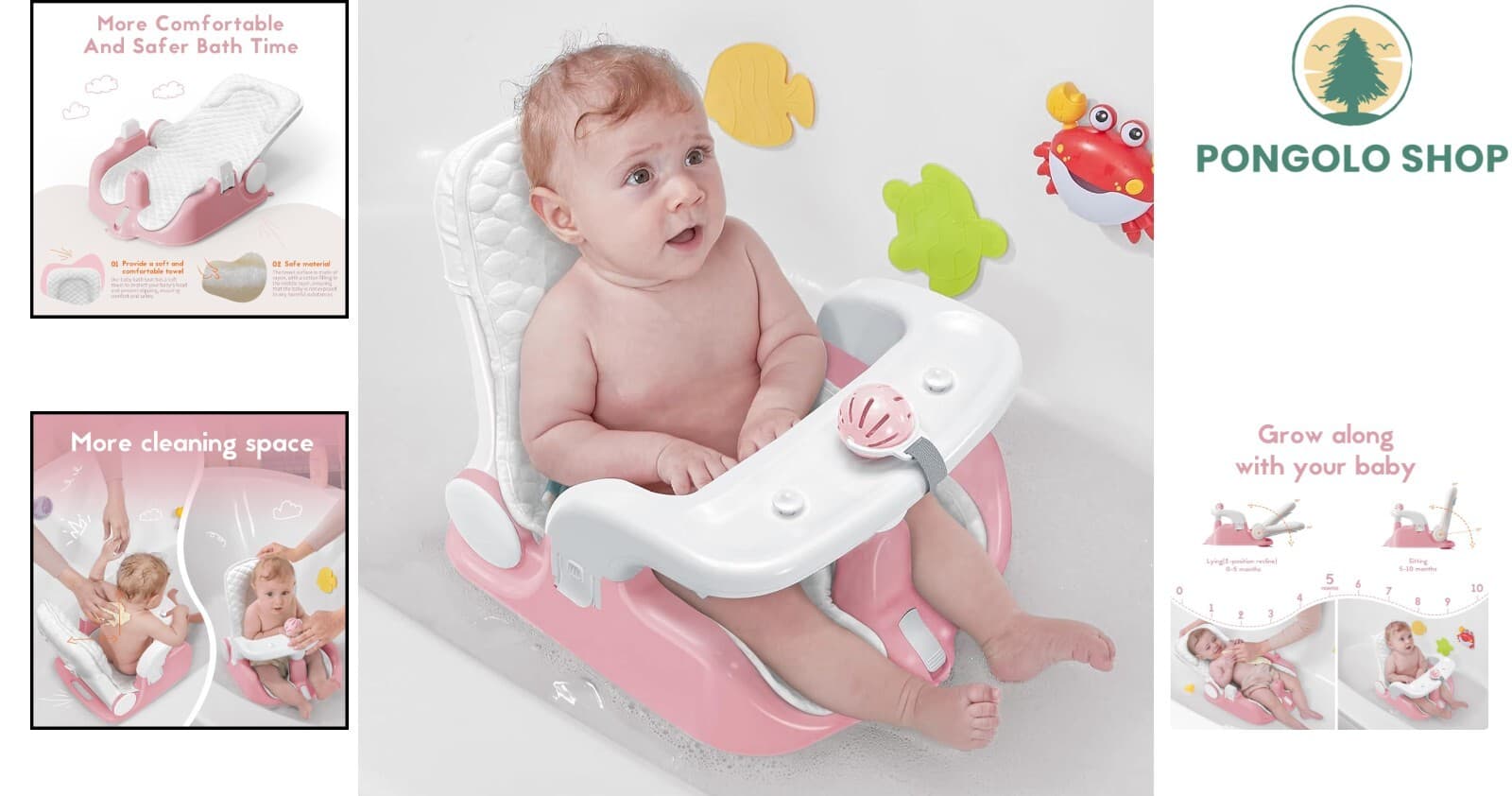 Baby Bath Seat Polypropylene Adjustable 3 Modes Soft Towel Infant Bathtub 2