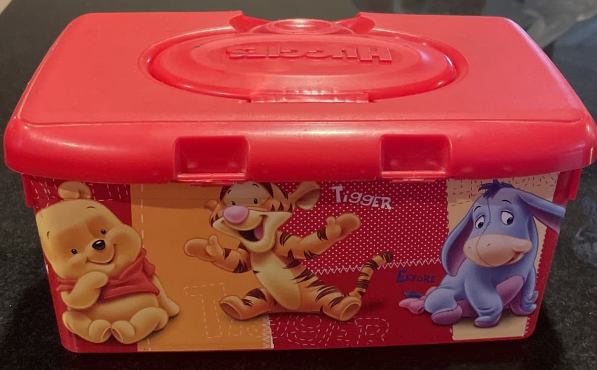 Huggies Winnie Pooh Piglet Tigger Red Baby Pop-Up Lid Wipes Container EMPTY VTG 2