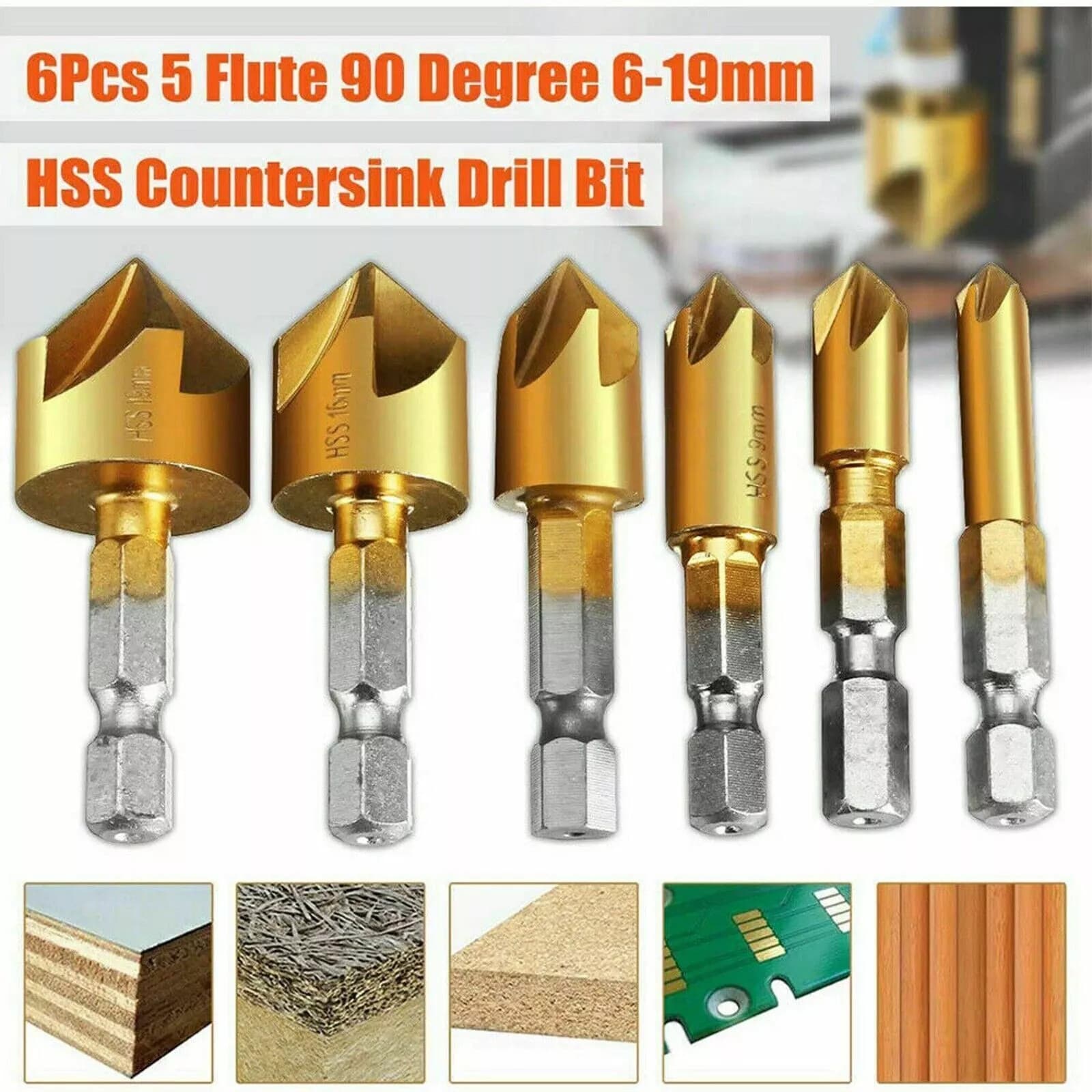6 x Chamfer Countersink Deburring Drill Bit Set Crosshole Cutting Metal Tool Kit 2