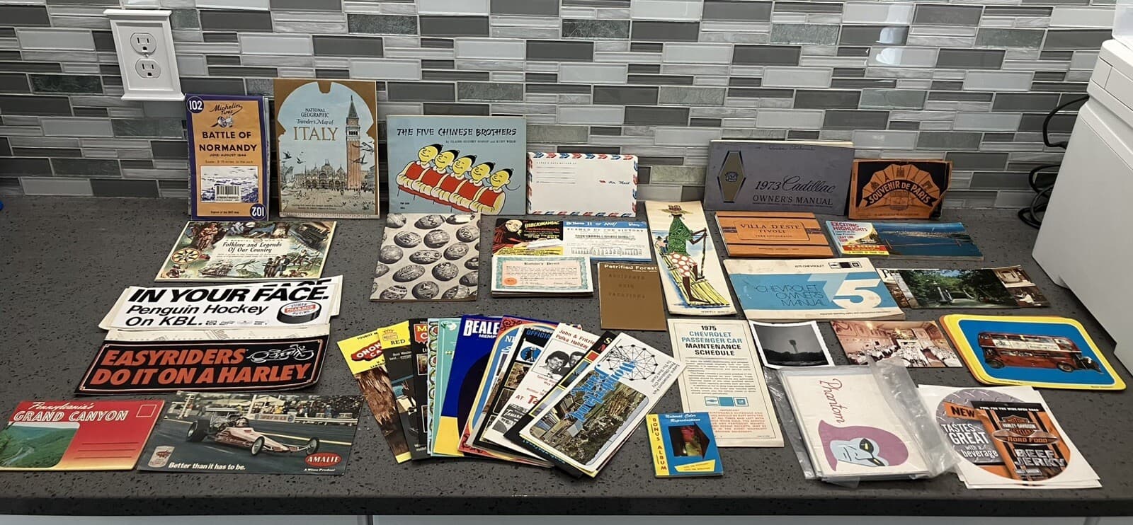 Lot Of Vintage Travel Brochures, Postcards, Maps, Books, Stickers Air Mail Misc