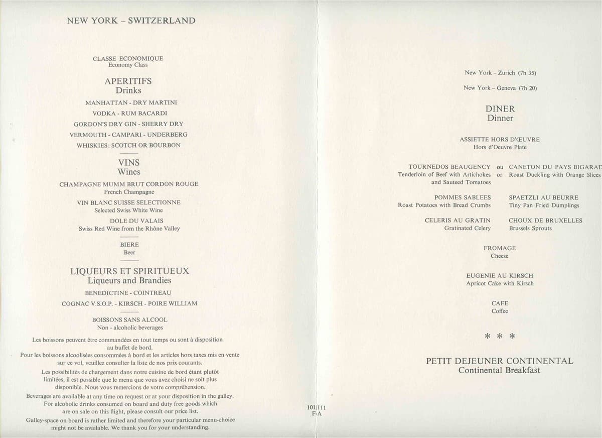 2 Swissair Economy Class Menus 1990's Switzerland North America Chestnut Cherry 3