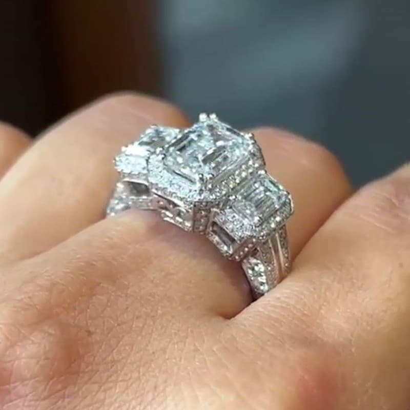 4.5Ctw Emerald Moissanite Halo Three Stone Engagement Ring 14k White Gold Plated 2