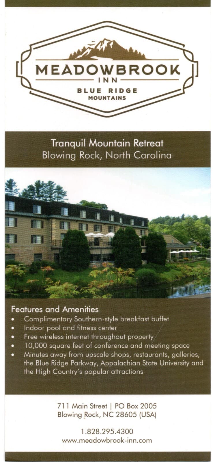Travel Rack Card Meadowbrook Inn Blowing Rock NC/Linden Row Inn Richmond VA 2019