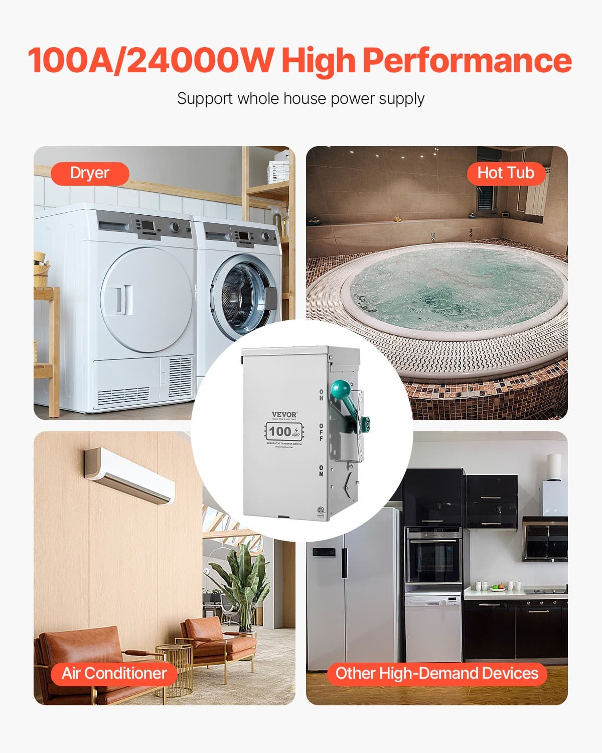 VEVOR 100A Generator Transfer Switch 24000W Manual Transfer Switch 120/240V 3