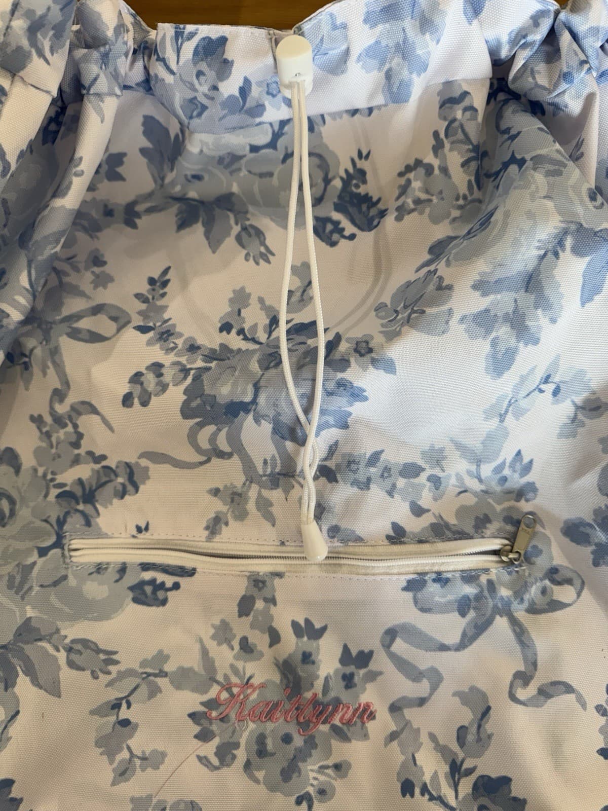 Pottery Barn LoveShackFancy Laundry Backpack XL Blue Floral Mono “Kaitlynn” Read 5