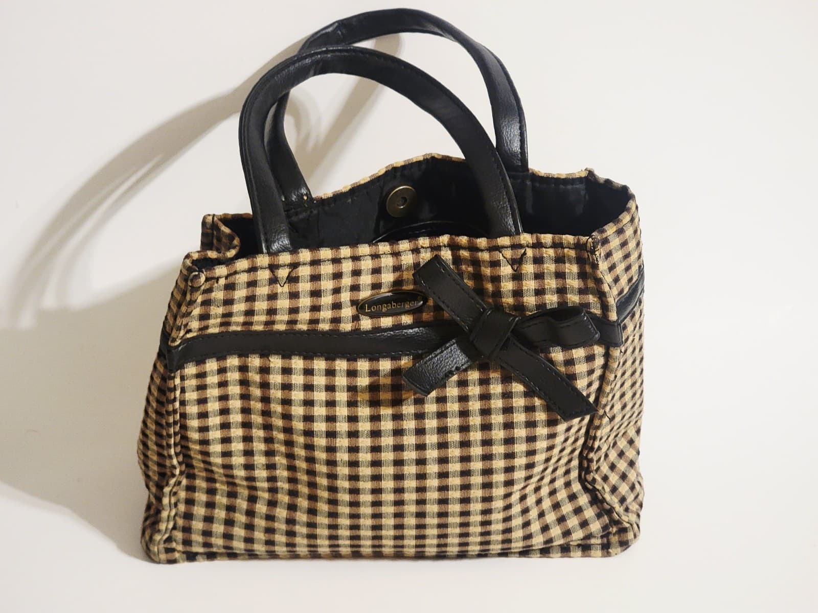 Longaberger Homestead Black & Tan Gingham Mini Tote Lunch Tote 10x8x4 3