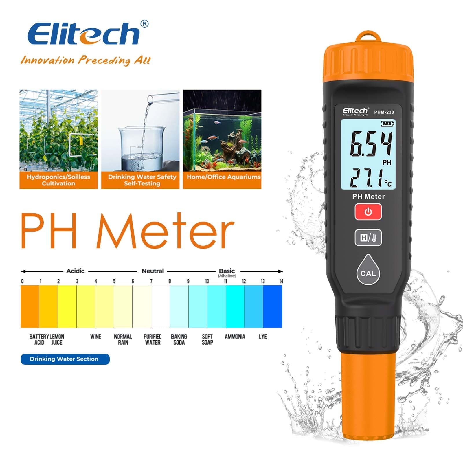 Elitech Smart pH Meter with ATC 3-Point Calibration for Lab Aquarium Hydroponics