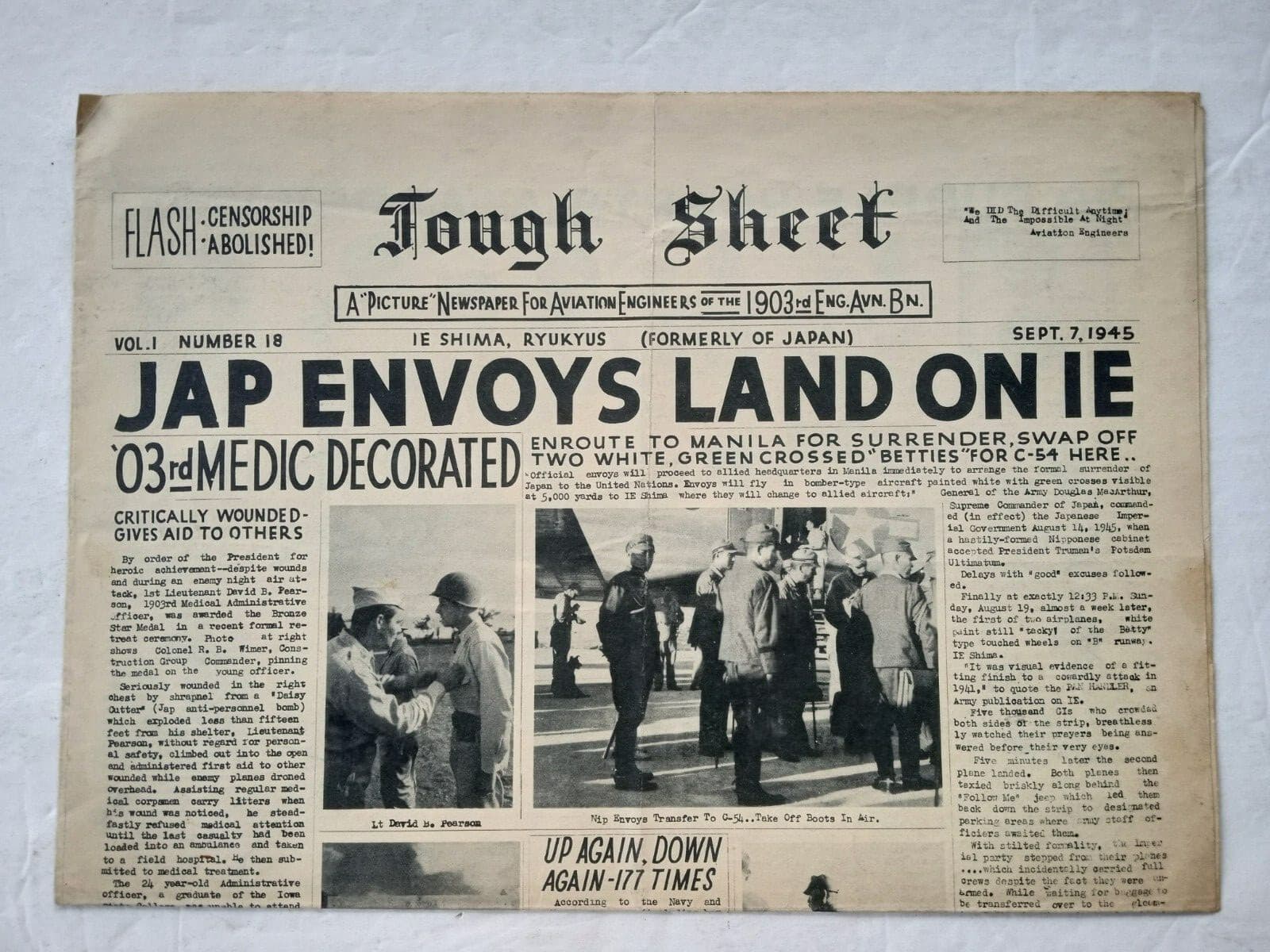 WW2 TOUGH SHEET IE SHIMA NEWSPAPER Sept. 1945 1903rd ENGINEER AVIATION BATTALION