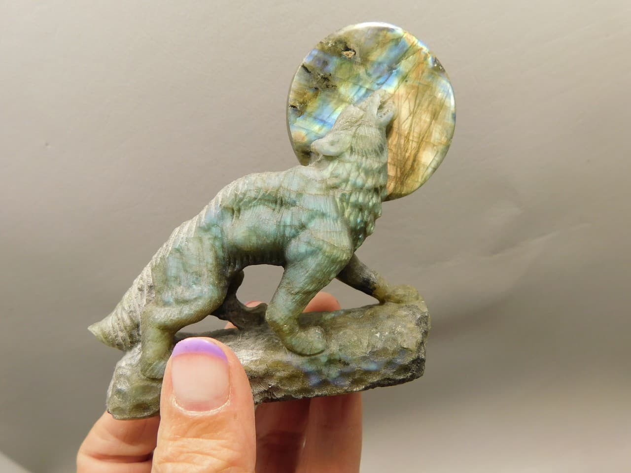 Howling Wolf Moon Figurine Labradorite 3.25 inch Coyote Carving #O01
