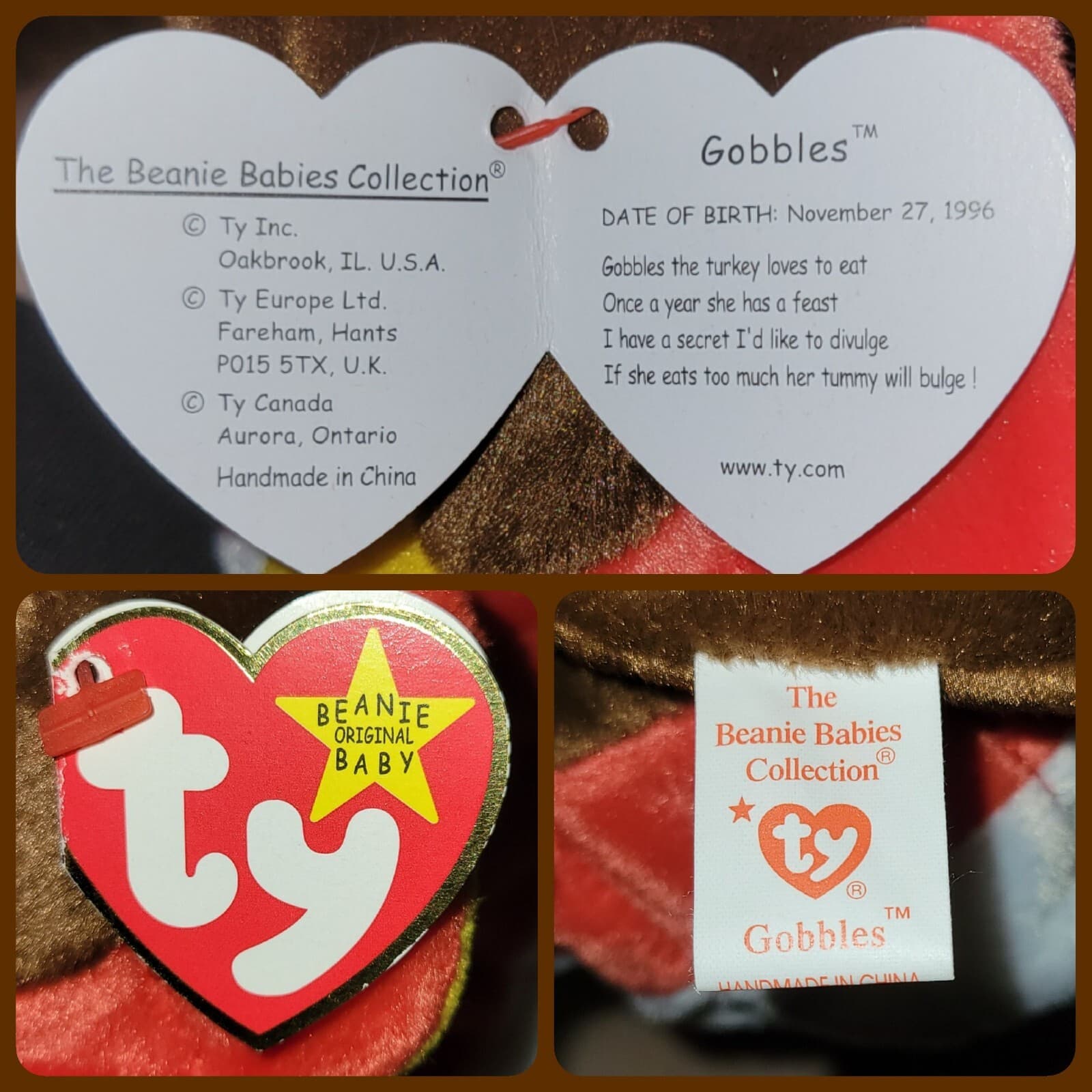 ❤️ 1996 GOBBLES Thanksgiving Tom TURKEY Ty Beanie Babies *MWMT* 2