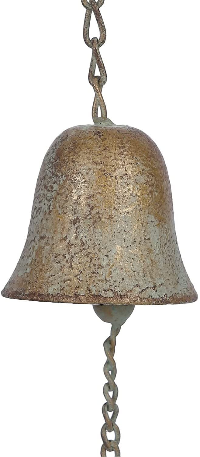 Teapot & Cups Rain Chain w/ Bell Chime Antique Patina Outdoor Garden Lawn Decor 4