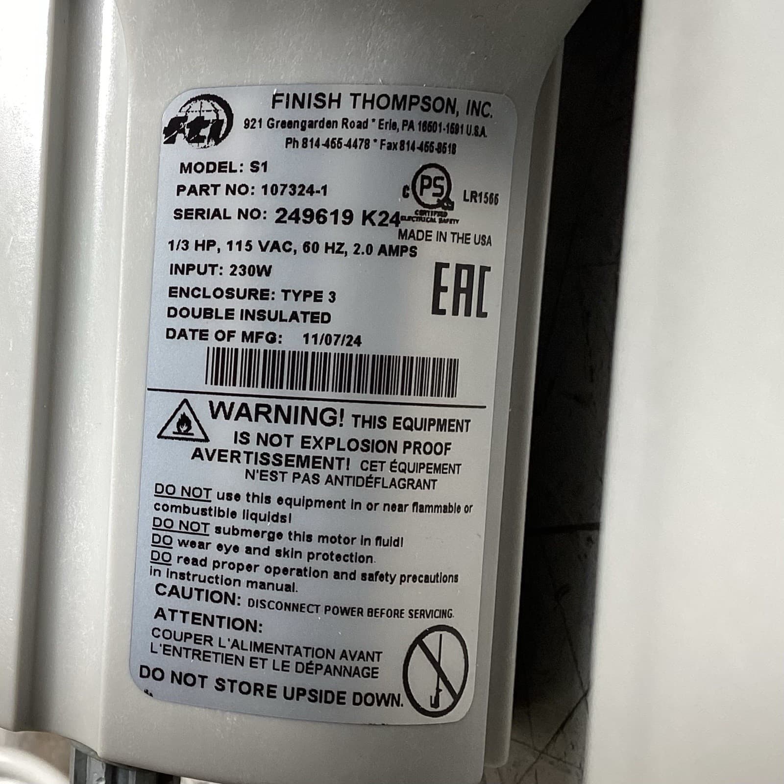 FINISH THOMPSON EFP-40 & S1 DEF Kit Electric Operated Drum Pump INCOMPLETE 4