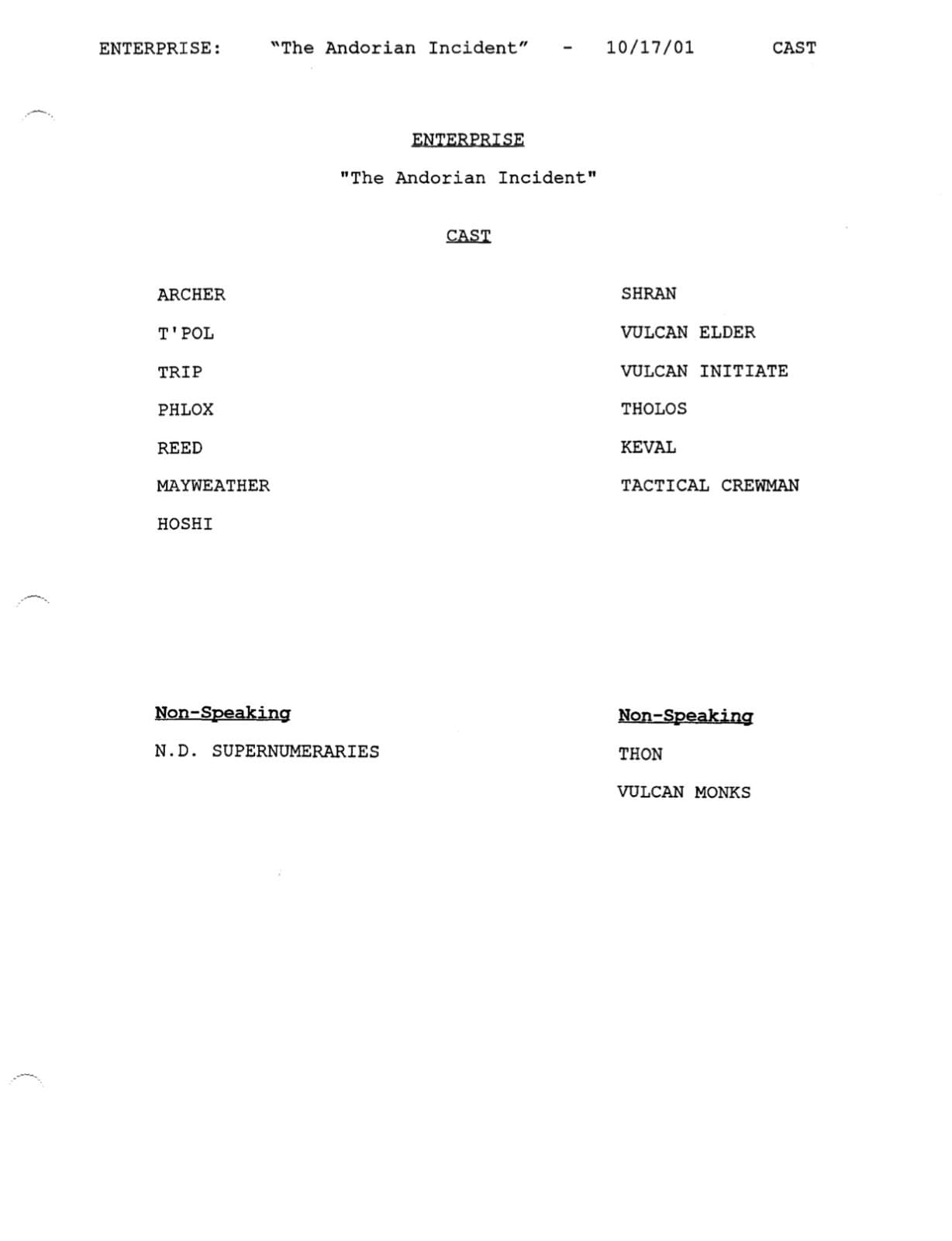 Star Trek ENTERPRISE "The Andorian Incident" Script (10/17/2001) Shran - REPRINT 5
