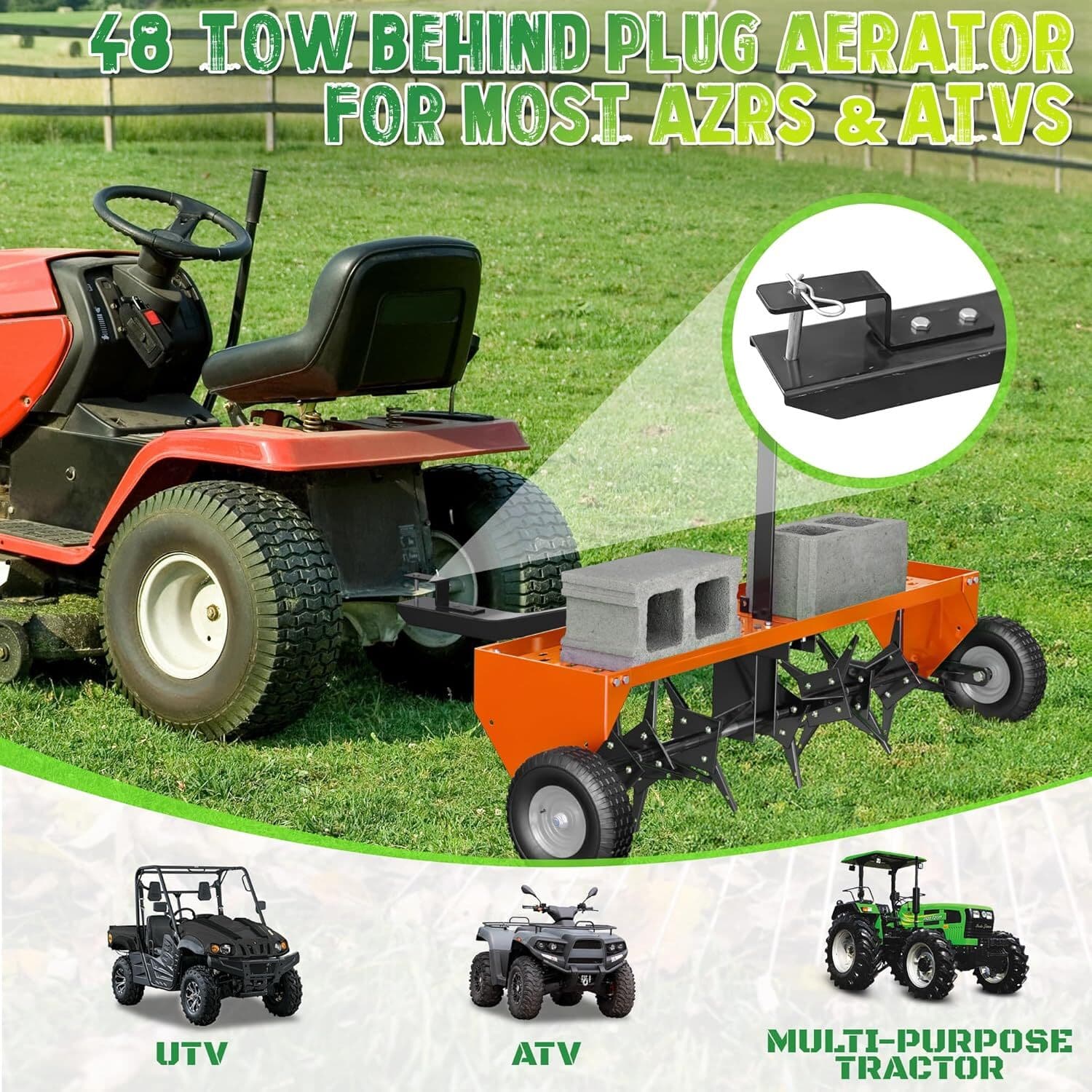 48" Lawn Aerator Tow Behind for Plug Aerating W/Extra-Wide for Lawn & Garden 2
