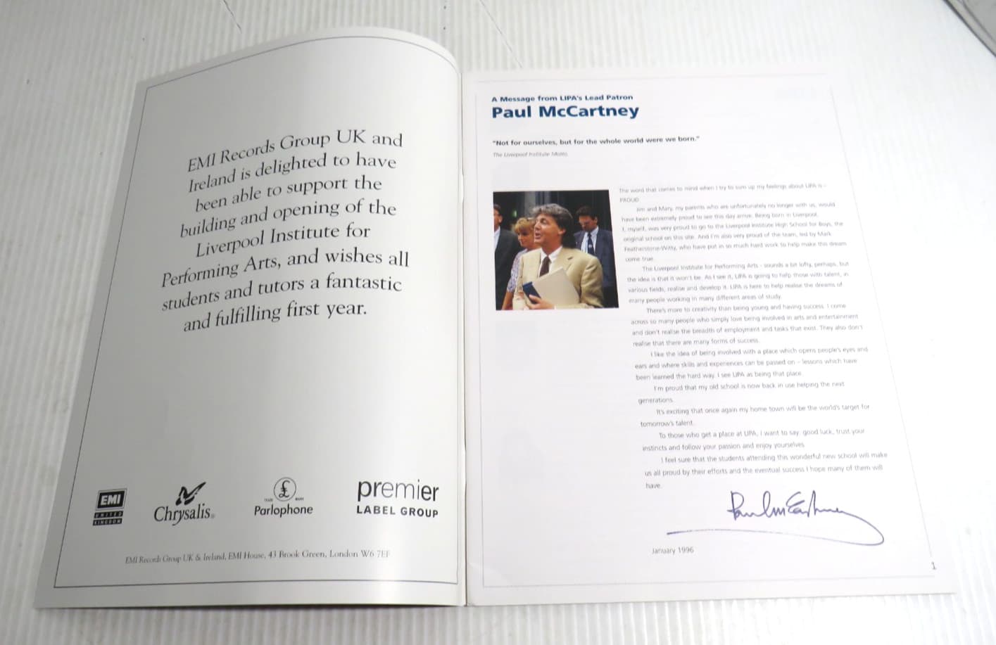 Liverpool Institute Performing Arts Center Limited Edition Brochure McCartney 2