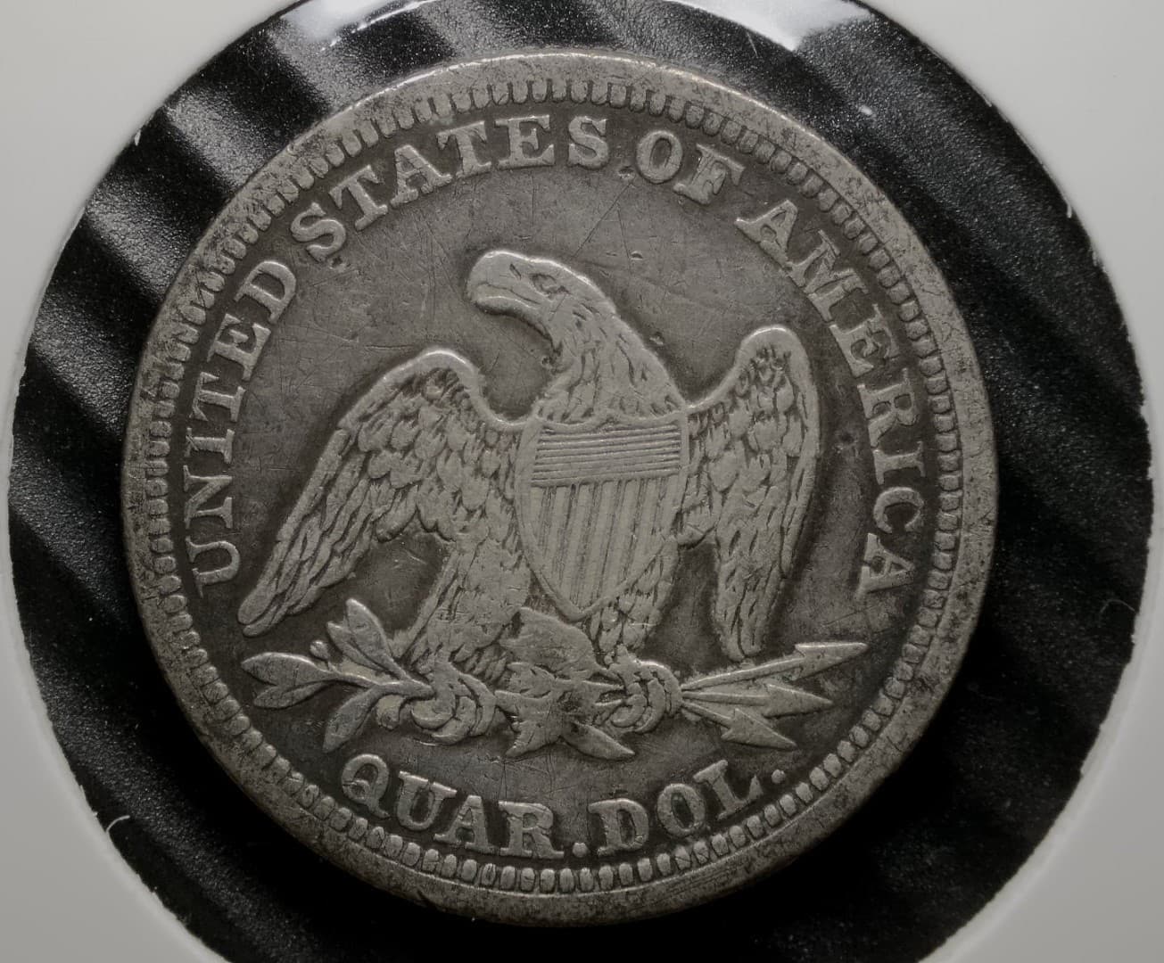 1857 Seated Liberty Quarter 25 - Smoking Liberty FS-401 Die Gouge - Old Cleaning 2